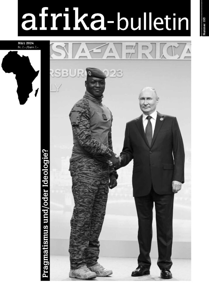 Cover Afrika-Bulletin Nr. 193. 
Burkina Fasos Übergangspräsident Ibrahim Touré und Vladimir Putin am zweiten russischen Afrika Gipfel in St. Petersburg im Juli 2023 (Bild: Sergei Bobylev, IMAGO/ITAR-TASS/Sipa USA).